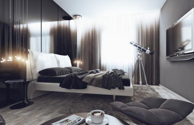 мужской интерьер - серая спальня с телескопом