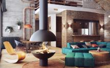 дизайн интерьера в стиле лофт - современный лофт с яркими диванами и кирпичной стеной